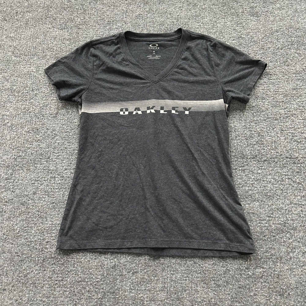 Oakley T-Shirt Womens Size L Gray V-Neck Graphic Logo Athletic Casual Hole